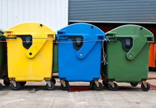 A row of three large wheeled rubbish bins aligned on a concrete pavement outside a building, each with a secure lid and a side handle. The bins are colored yellow, blue, and green from left to right, with the yellow bin appearing slightly more prominent in the foreground, followed by the blue and green bins. The background features a partial view of a corrugated metal wall and possibly a garage door, indicating an industrial or commercial area in the vicinity of Epping. The surface beneath the bins is concrete, with subtle signs of wear, and the environment appears clean and organized. The bins are used for waste collection related to commercial rubbish removal services offered by companies such as Commercial Waste Epping, situated in the Epping area of Essex. The scene underscores typical equipment used in professional rubbish disposal operations within this locality.